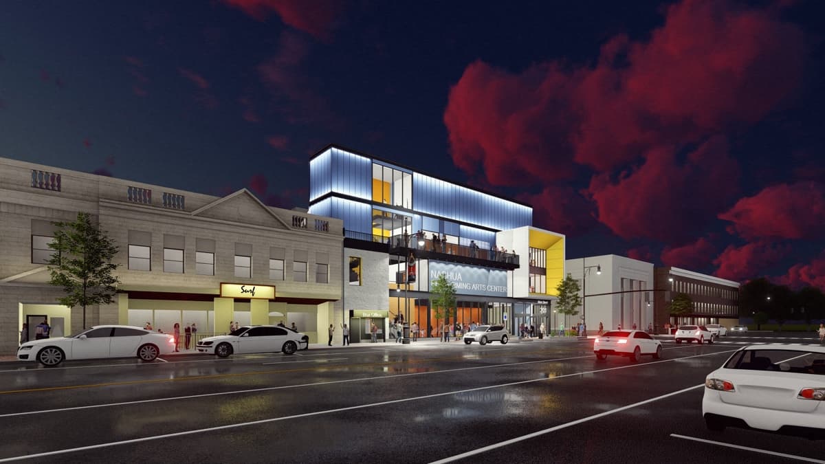 Exterior of Nashua Center for the Arts looking in from Main Street