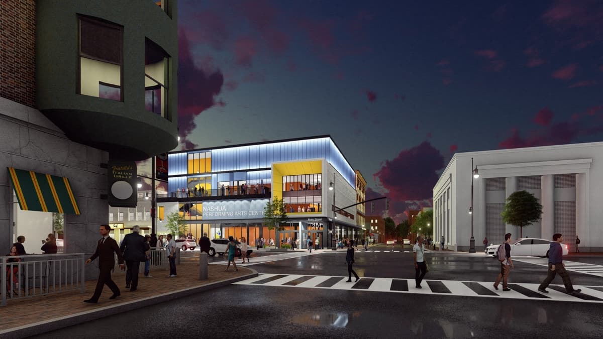 Exterior of Nashua Center for the Arts looking in from West Pearl Street